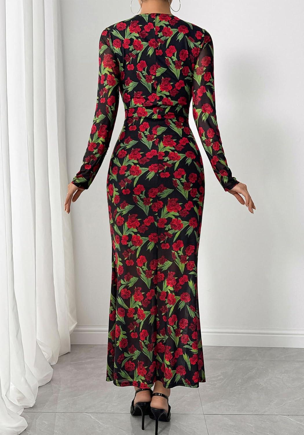 imageBTFBM Wedding Guest Dresses for Women Spring Fashion 2026 Bodycon Crew Neck Long Sleeve Boho Mesh Floral Maxi Fall DressBlack Red Flower