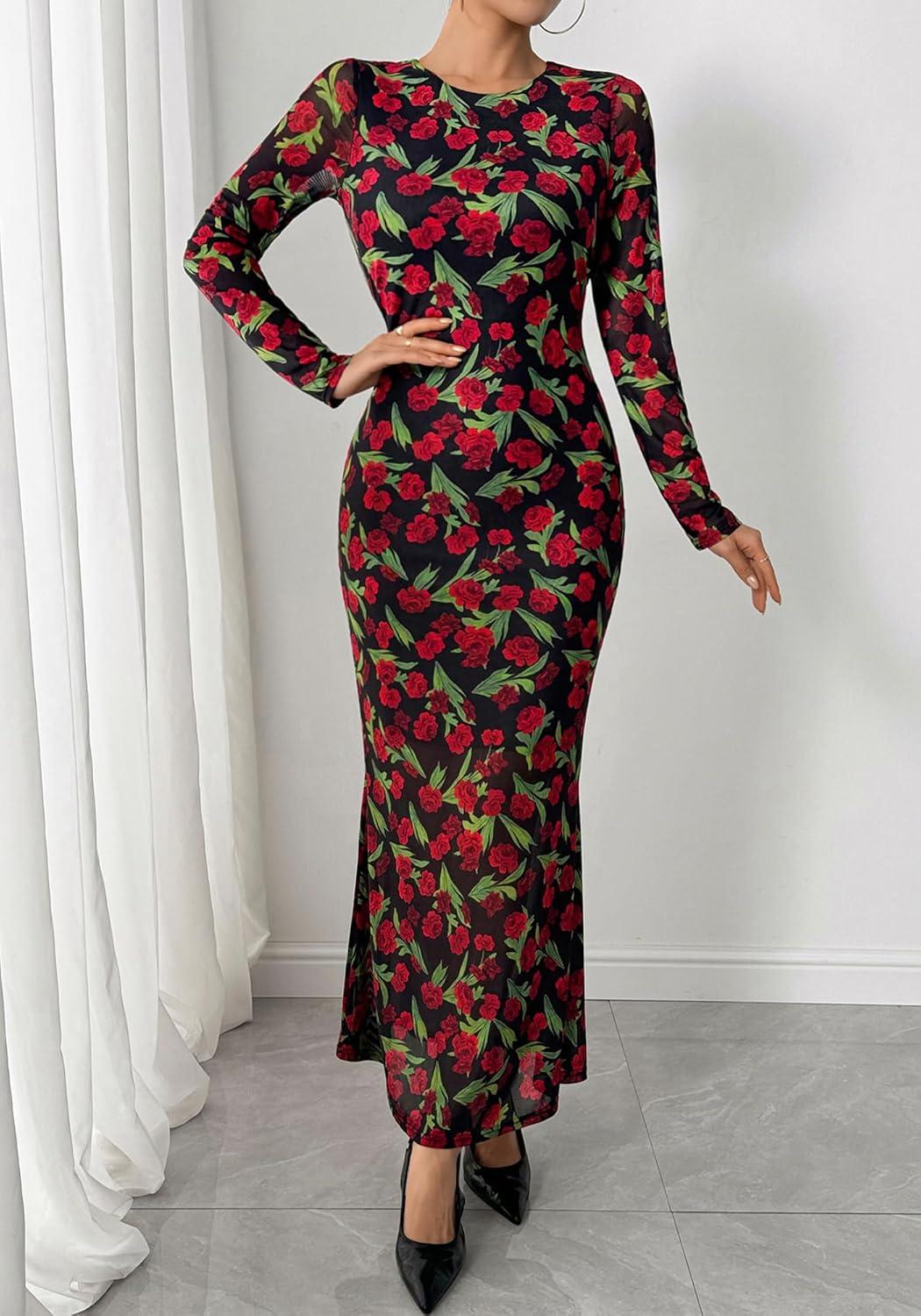 imageBTFBM Wedding Guest Dresses for Women Spring Fashion 2026 Bodycon Crew Neck Long Sleeve Boho Mesh Floral Maxi Fall DressBlack Red Flower