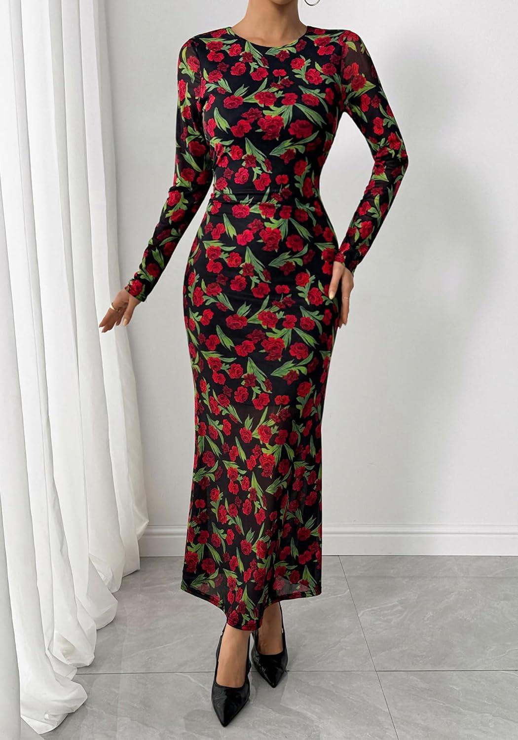 imageBTFBM Wedding Guest Dresses for Women Spring Fashion 2026 Bodycon Crew Neck Long Sleeve Boho Mesh Floral Maxi Fall DressBlack Red Flower