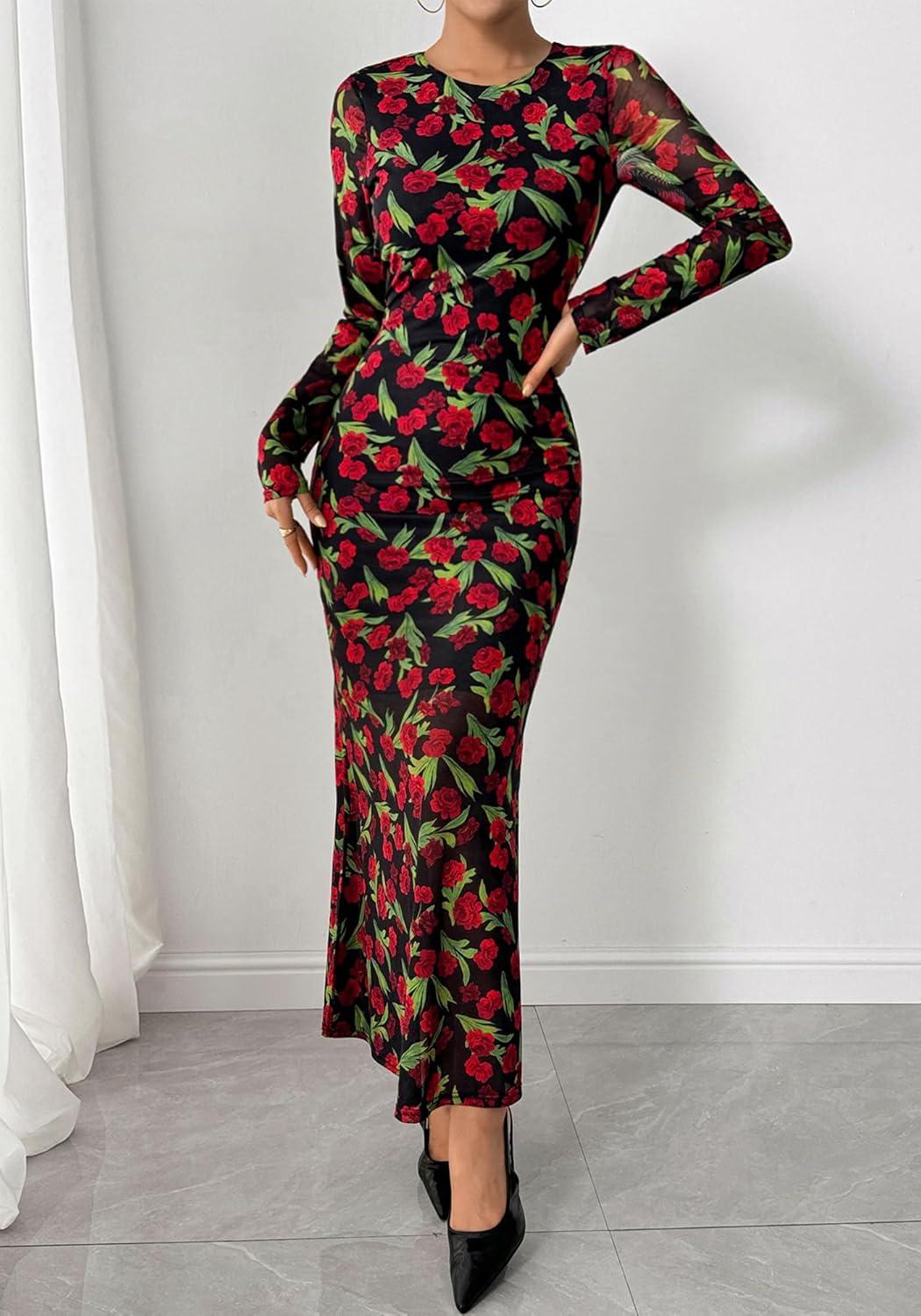 imageBTFBM Wedding Guest Dresses for Women Spring Fashion 2026 Bodycon Crew Neck Long Sleeve Boho Mesh Floral Maxi Fall DressBlack Red Flower