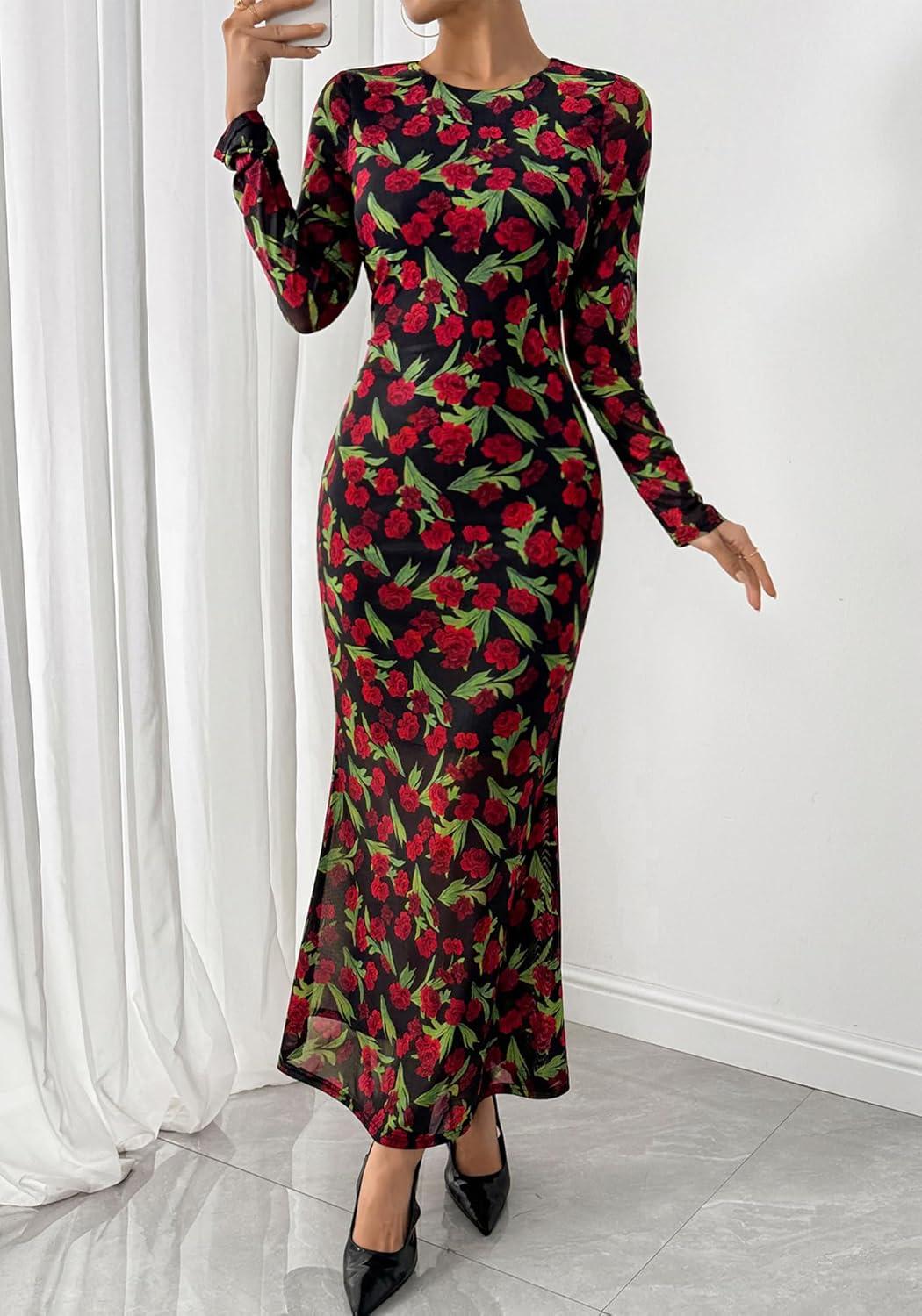 imageBTFBM Wedding Guest Dresses for Women Spring Fashion 2026 Bodycon Crew Neck Long Sleeve Boho Mesh Floral Maxi Fall DressBlack Red Flower
