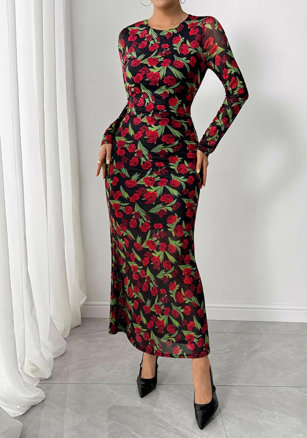 imageBTFBM Wedding Guest Dresses for Women Spring Fashion 2026 Bodycon Crew Neck Long Sleeve Boho Mesh Floral Maxi Fall DressBlack Red Flower