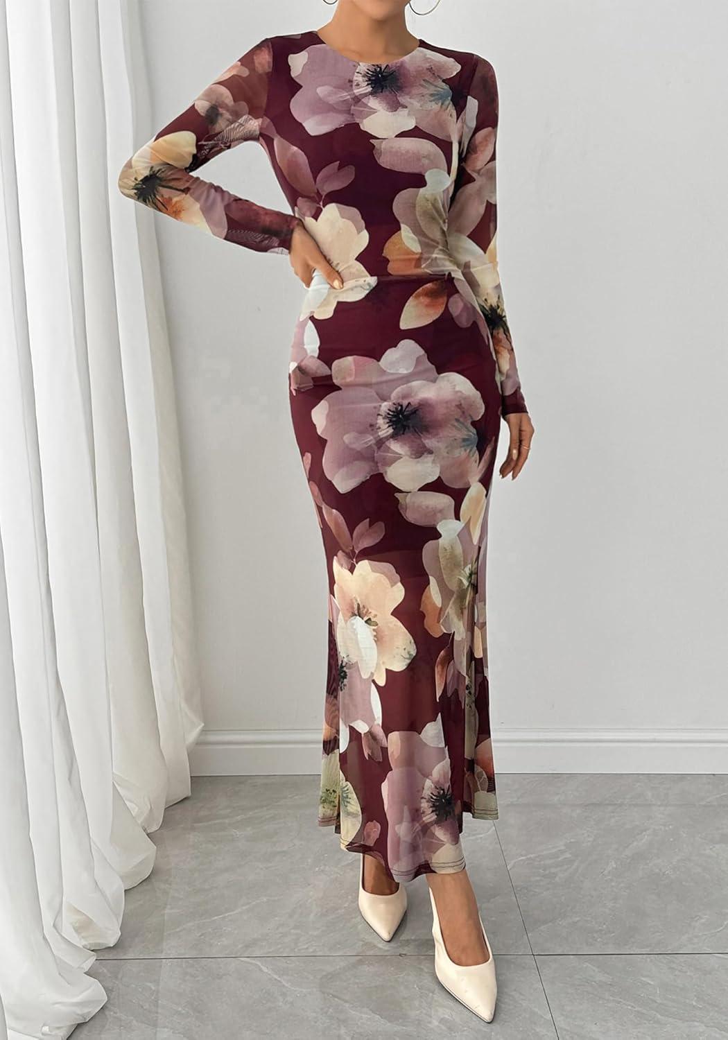 imageBTFBM Wedding Guest Dresses for Women Spring Fashion 2026 Bodycon Crew Neck Long Sleeve Boho Mesh Floral Maxi Fall DressBurgundy