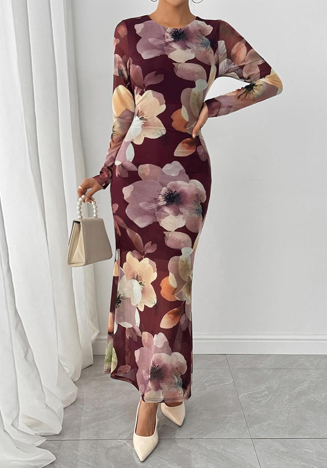 imageBTFBM Wedding Guest Dresses for Women Spring Fashion 2026 Bodycon Crew Neck Long Sleeve Boho Mesh Floral Maxi Fall DressBurgundy
