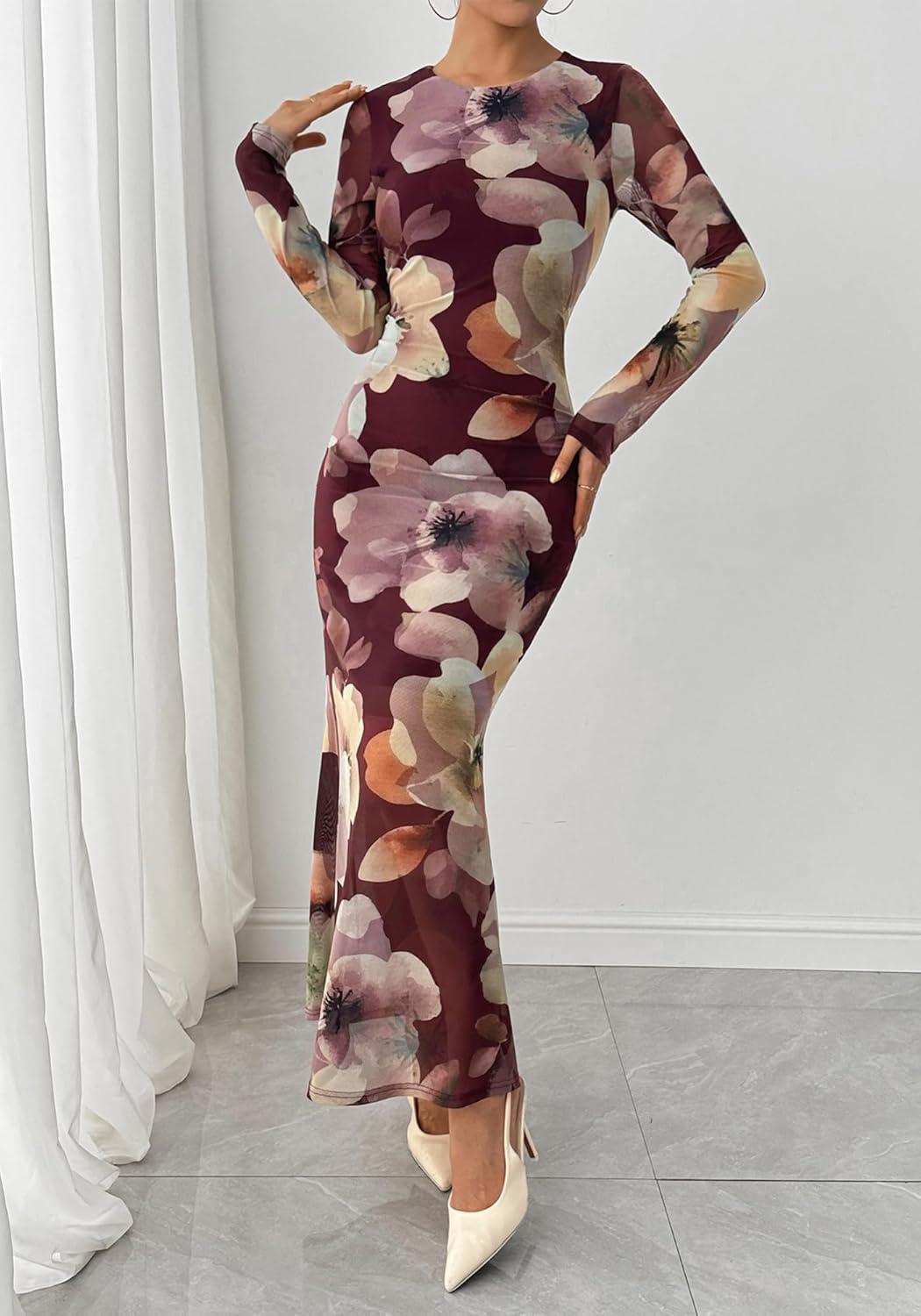 imageBTFBM Wedding Guest Dresses for Women Spring Fashion 2026 Bodycon Crew Neck Long Sleeve Boho Mesh Floral Maxi Fall DressBurgundy