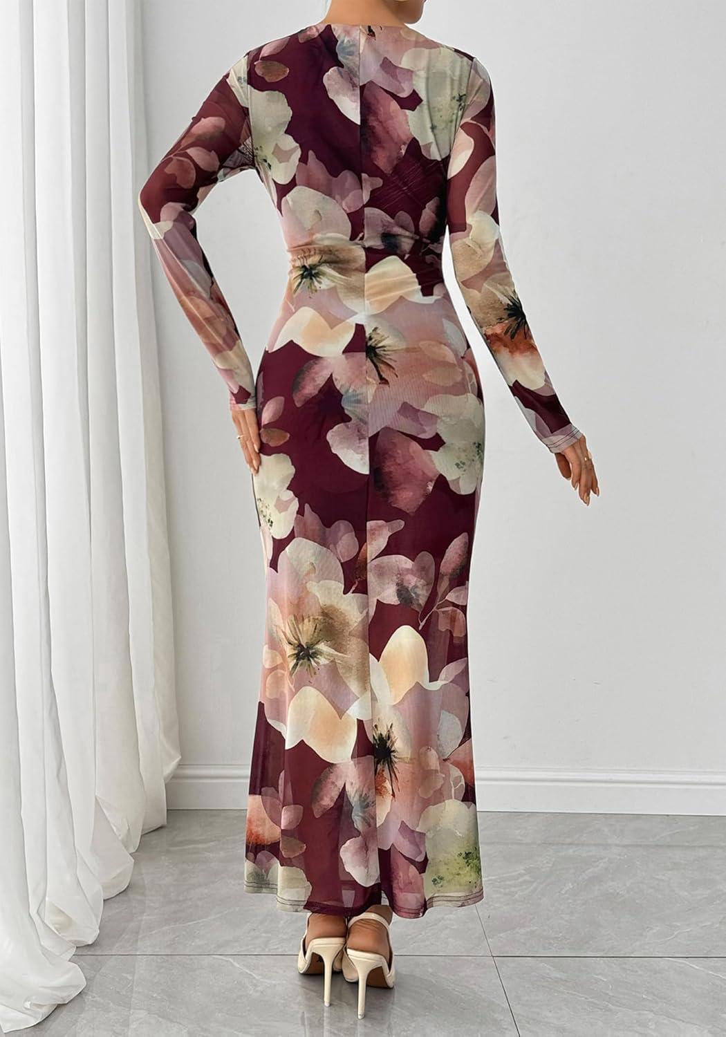 imageBTFBM Wedding Guest Dresses for Women Spring Fashion 2026 Bodycon Crew Neck Long Sleeve Boho Mesh Floral Maxi Fall DressBurgundy