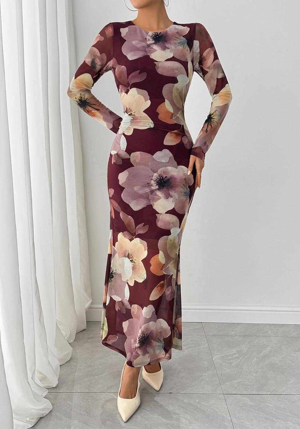 imageBTFBM Wedding Guest Dresses for Women Spring Fashion 2026 Bodycon Crew Neck Long Sleeve Boho Mesh Floral Maxi Fall DressBurgundy