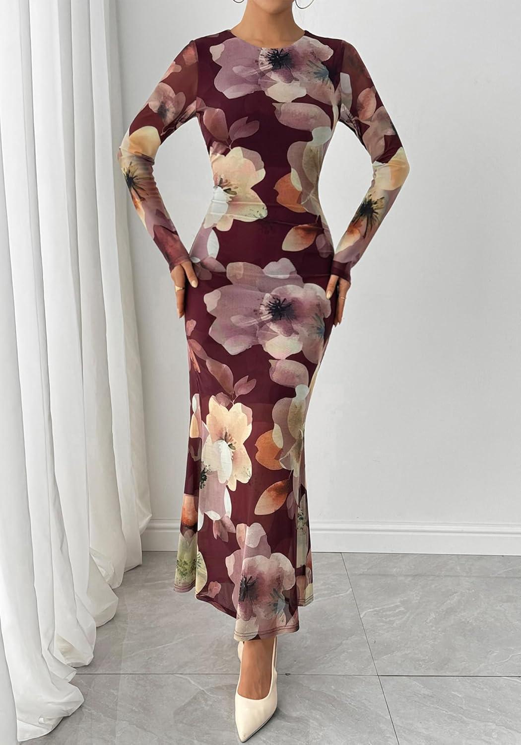 imageBTFBM Wedding Guest Dresses for Women Spring Fashion 2026 Bodycon Crew Neck Long Sleeve Boho Mesh Floral Maxi Fall DressBurgundy