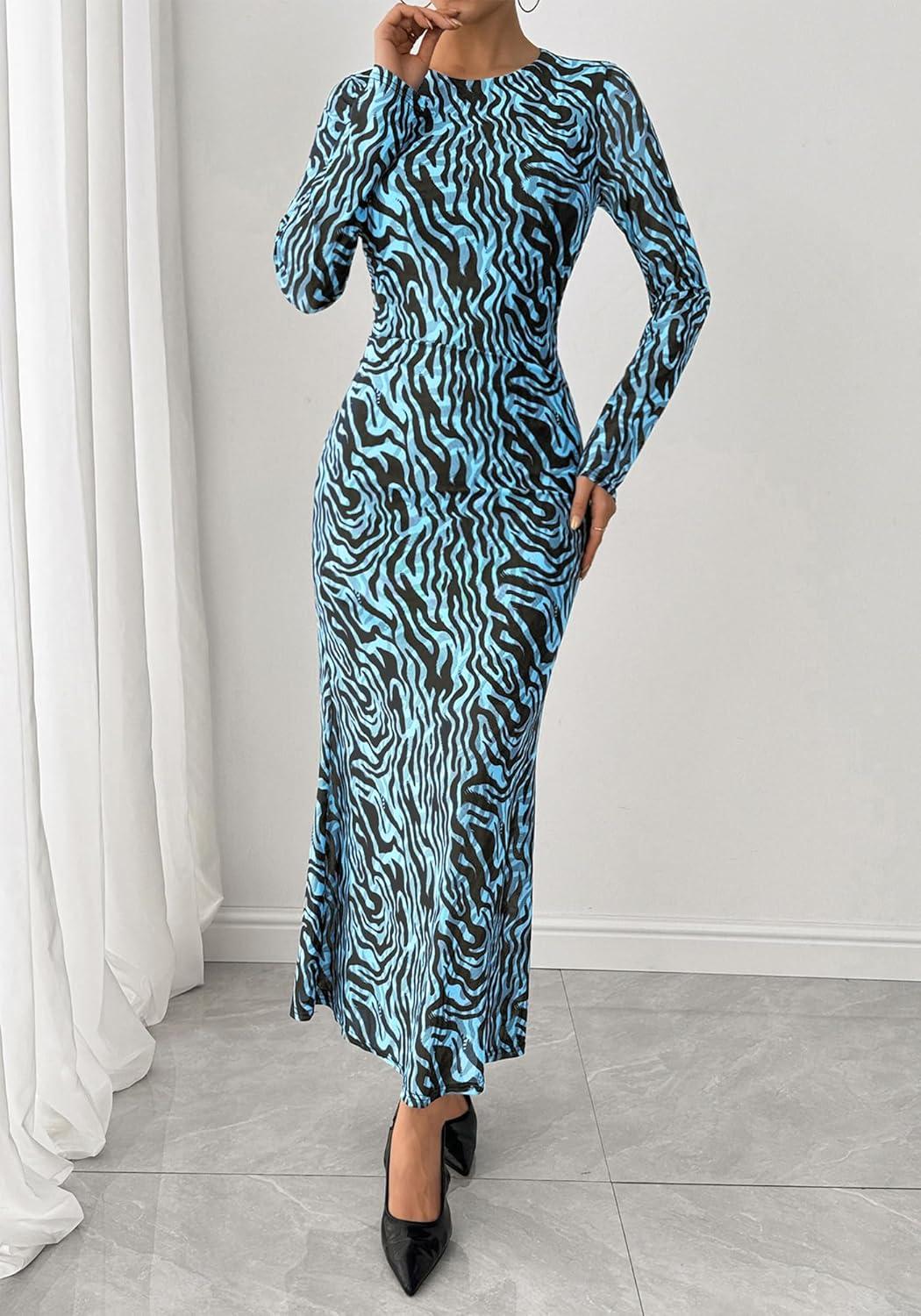 imageBTFBM Wedding Guest Dresses for Women Spring Fashion 2026 Bodycon Crew Neck Long Sleeve Boho Mesh Floral Maxi Fall DressFloral Blue Black