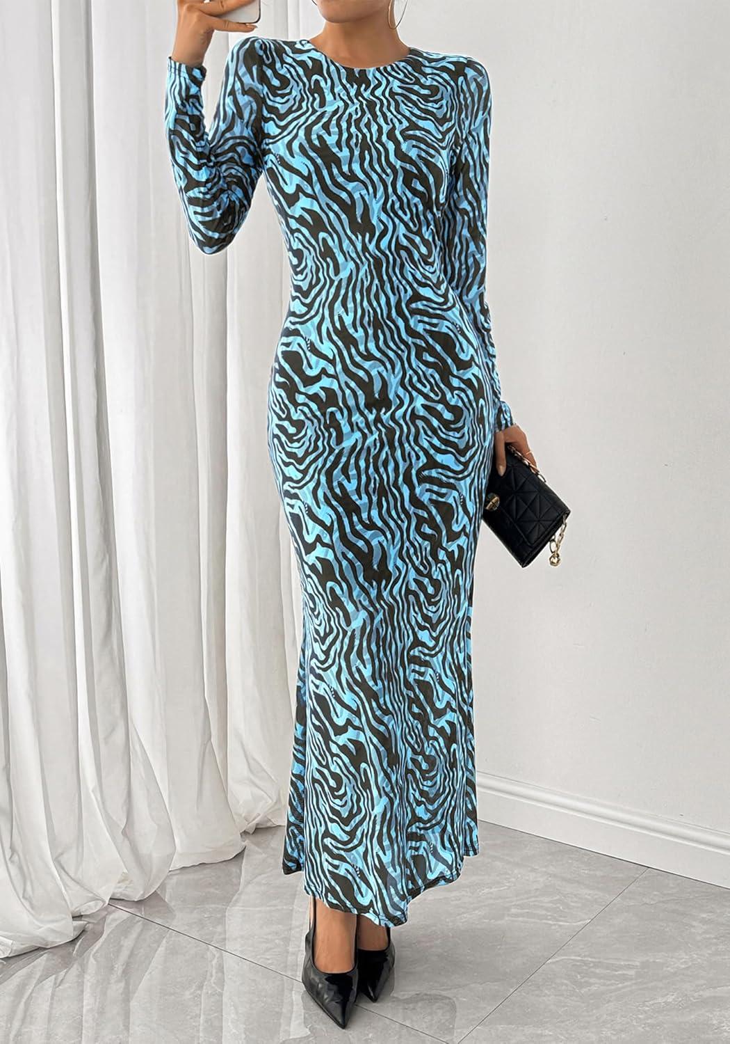 imageBTFBM Wedding Guest Dresses for Women Spring Fashion 2026 Bodycon Crew Neck Long Sleeve Boho Mesh Floral Maxi Fall DressFloral Blue Black
