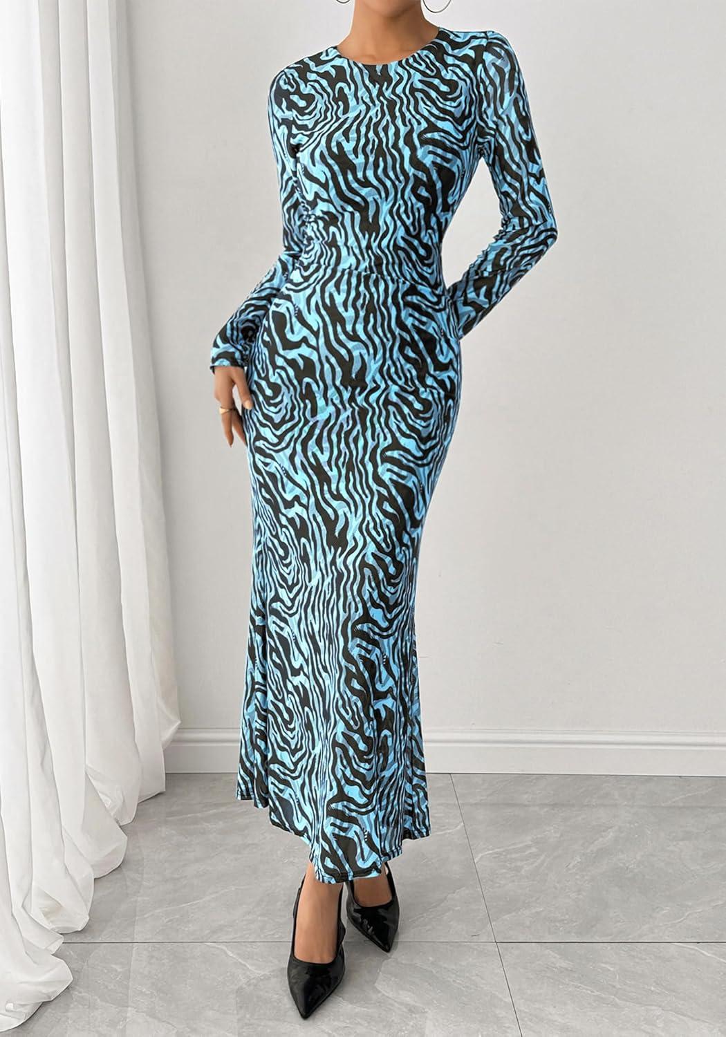 imageBTFBM Wedding Guest Dresses for Women Spring Fashion 2026 Bodycon Crew Neck Long Sleeve Boho Mesh Floral Maxi Fall DressFloral Blue Black