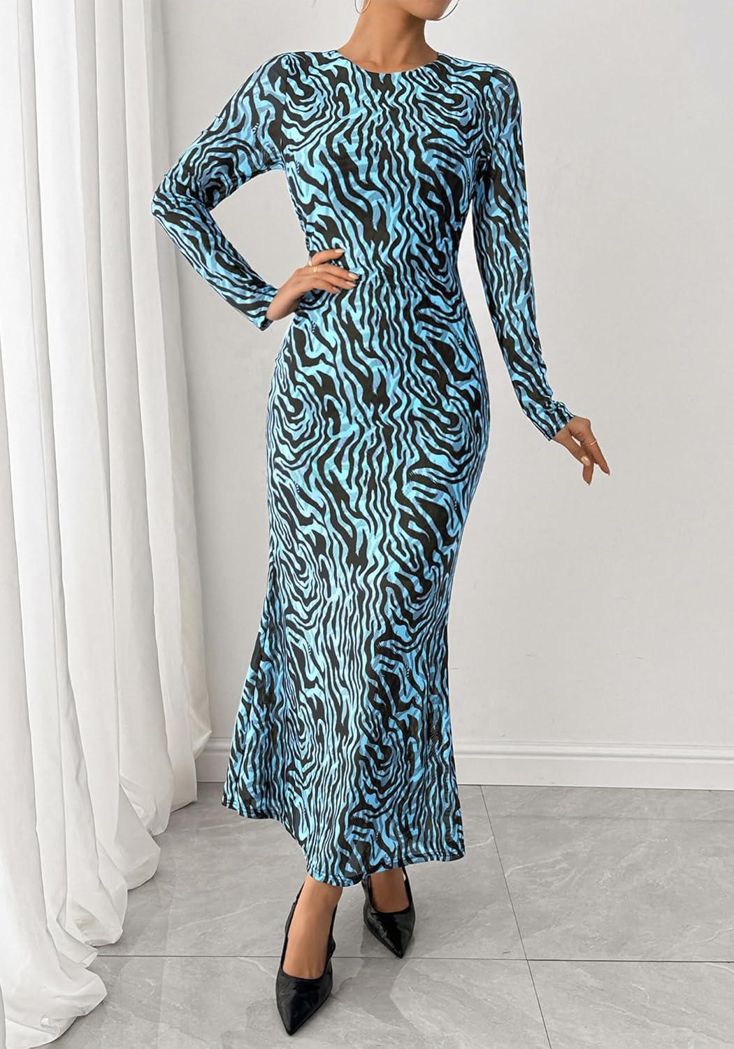 imageBTFBM Wedding Guest Dresses for Women Spring Fashion 2026 Bodycon Crew Neck Long Sleeve Boho Mesh Floral Maxi Fall DressFloral Blue Black