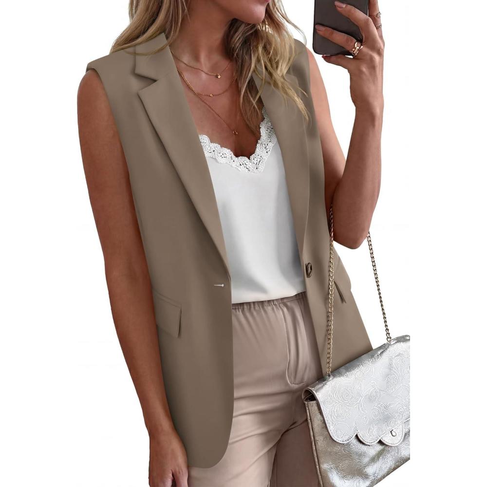 imageBTFBM Blazers For Women Spring Button Down Loose Vest Tops For Women Work Business Casual Outfits Summer Fashion 2026Khaki