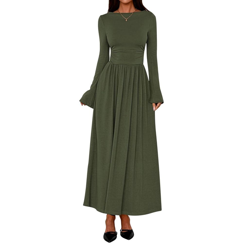 imageBTFBM Long Sleeve Maxi Dresses for Women 2025 Fall Casual Ruched Boat Neck Flowy Elegant Formal Wedding Guest DressArmy Green