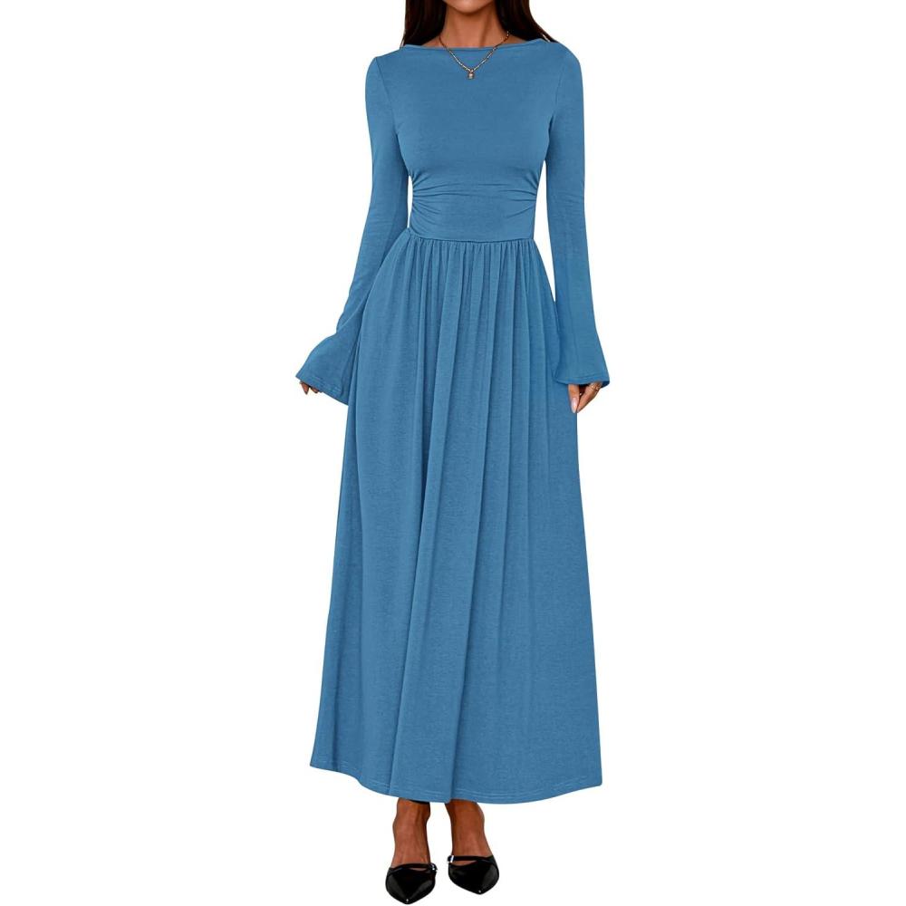 imageBTFBM Long Sleeve Maxi Dresses for Women 2025 Fall Casual Ruched Boat Neck Flowy Elegant Formal Wedding Guest DressBlue