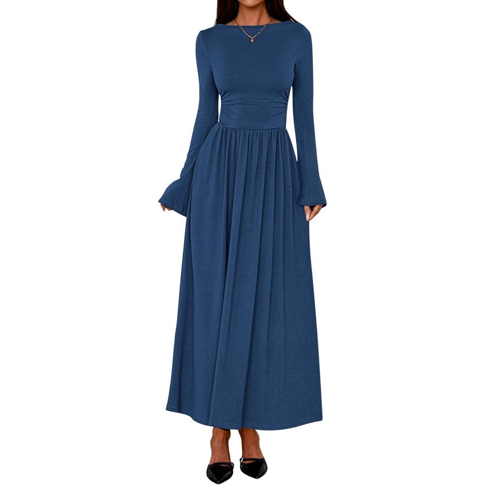 imageBTFBM Long Sleeve Maxi Dresses for Women 2025 Fall Casual Ruched Boat Neck Flowy Elegant Formal Wedding Guest DressDark Blue