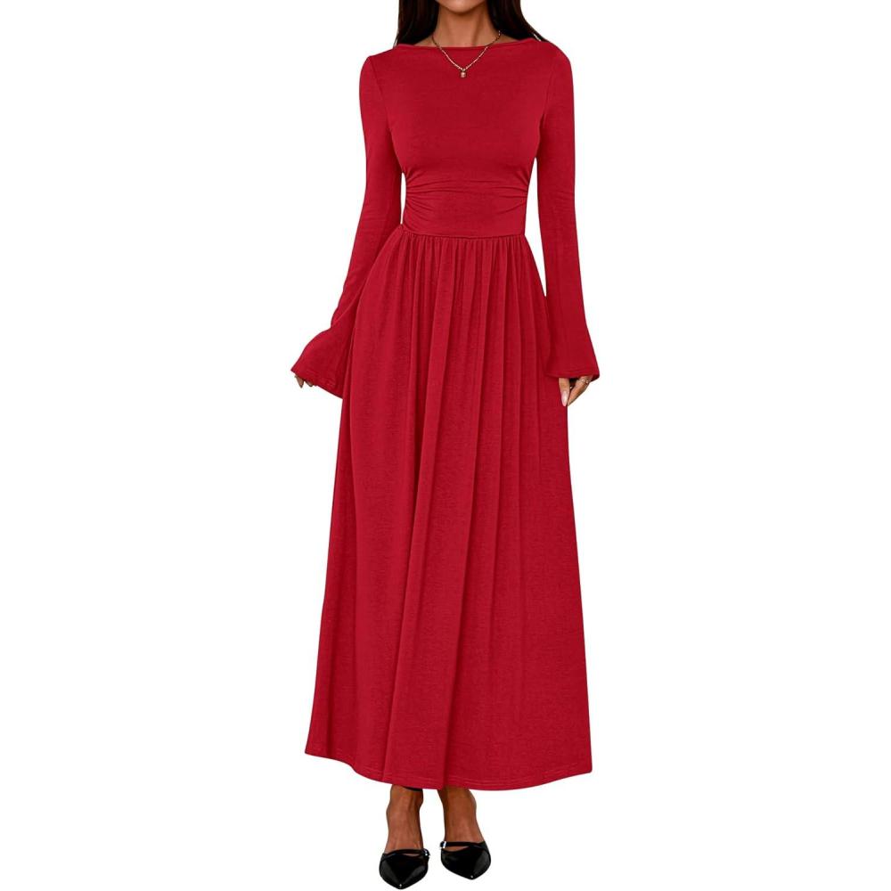 imageBTFBM Long Sleeve Maxi Dresses for Women 2025 Fall Casual Ruched Boat Neck Flowy Elegant Formal Wedding Guest DressRed