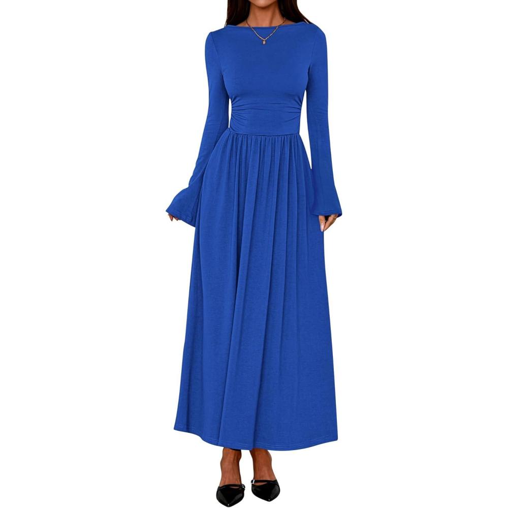 imageBTFBM Long Sleeve Maxi Dresses for Women 2025 Fall Casual Ruched Boat Neck Flowy Elegant Formal Wedding Guest DressRoyal Blue