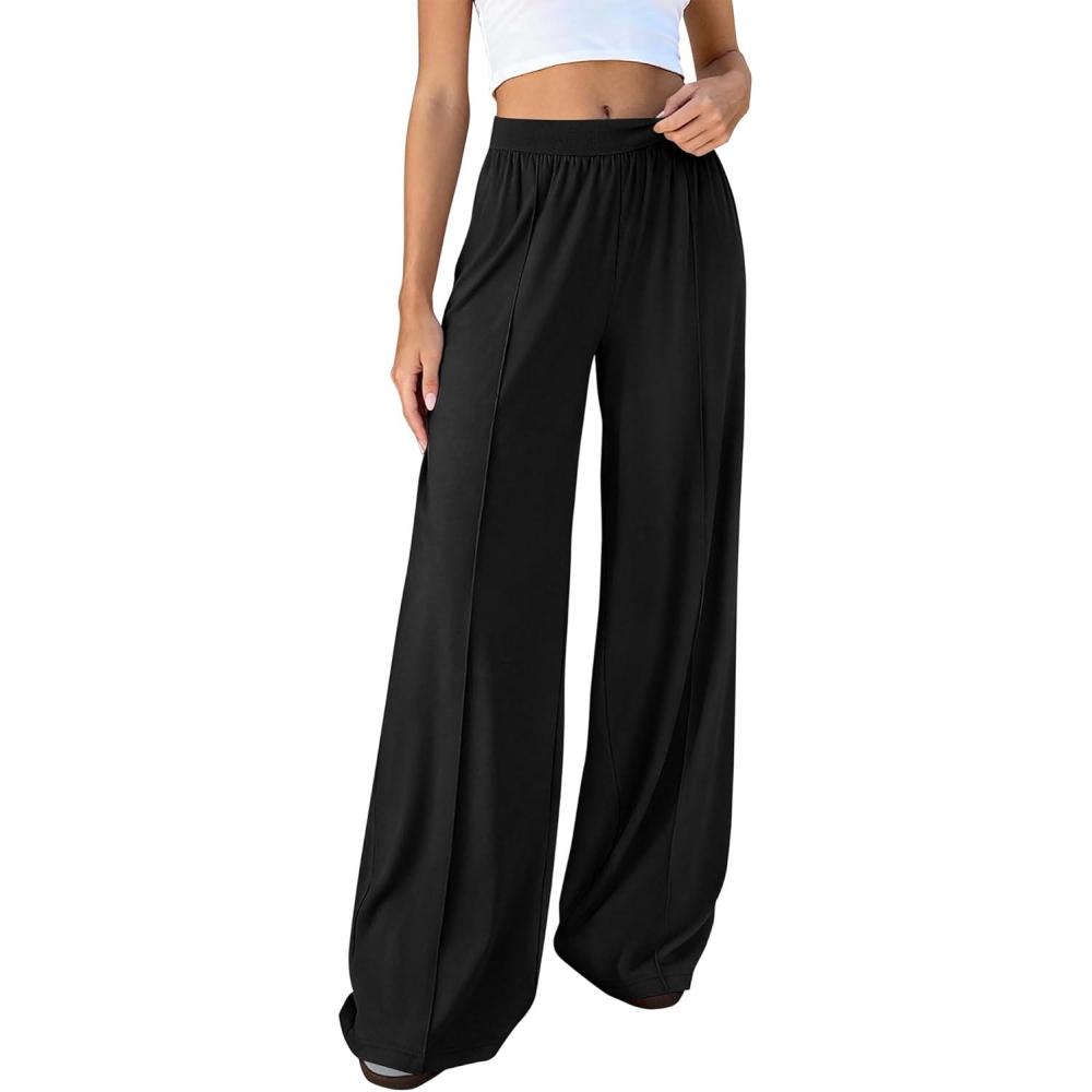 imageBTFBM Palazzo Pants for Women 2026 Spring Summer Casual Lounge Pants High Waist Flowy Trousers Baggy Wide Leg PantsBlack