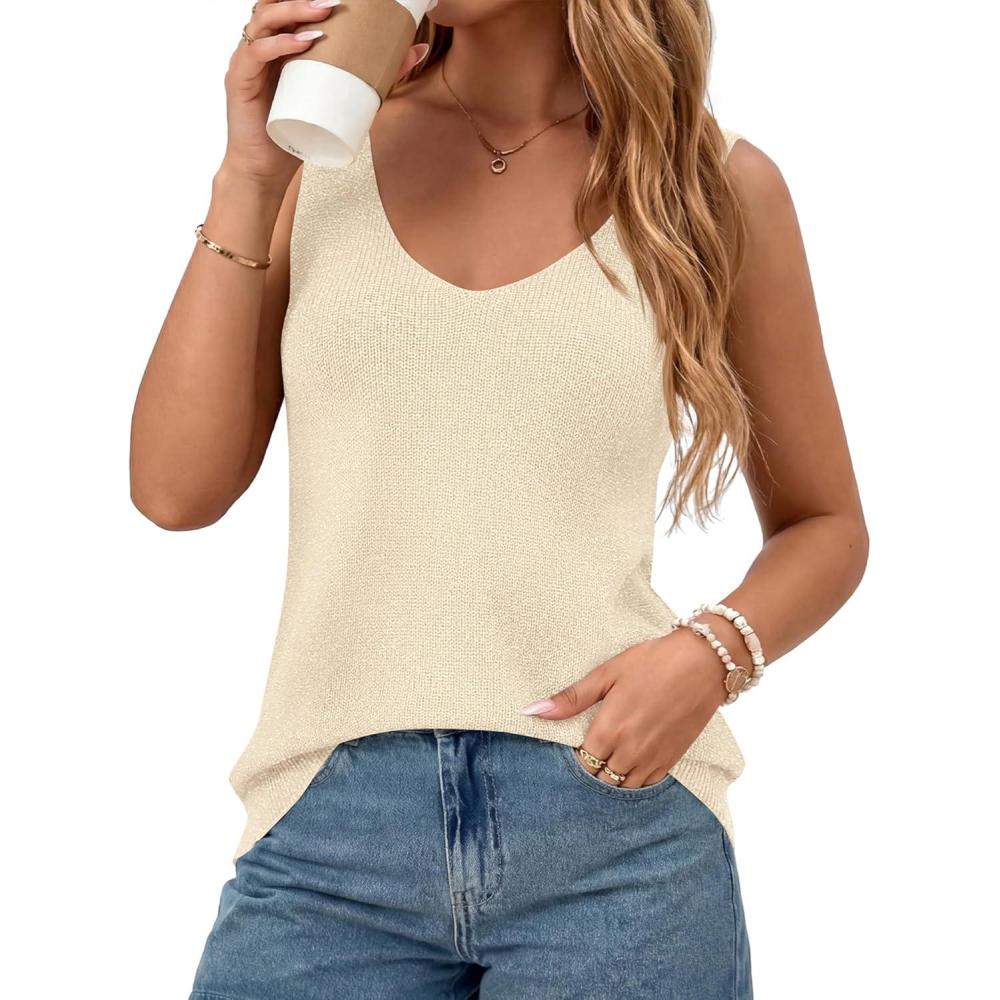 imageBTFBM Sweater Vest Women 2026 Spring Summer Sleeveless V Neck Sparkle Knit Basic Loose Fit Tank Tops Vacation OutfitsBeige