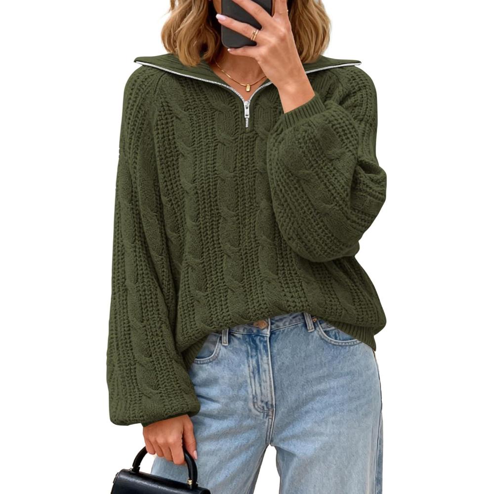 imageBTFBM Sweaters for Women Fall Fashion 2025 Loose Quarter Zip Pullover Collared Long Sleeve Cable Knit Winter ClothesArmy Green