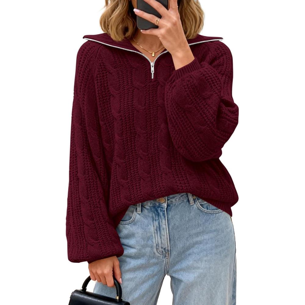 imageBTFBM Sweaters for Women Fall Fashion 2025 Loose Quarter Zip Pullover Collared Long Sleeve Cable Knit Winter ClothesBurgundy