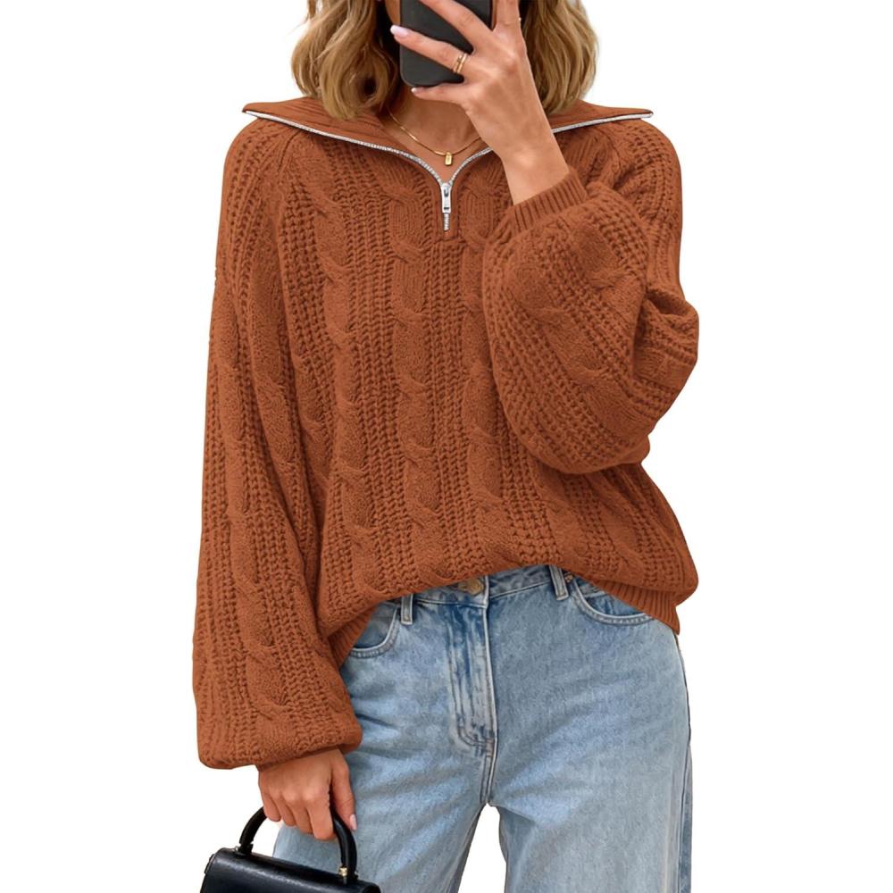 imageBTFBM Sweaters for Women Fall Fashion 2025 Loose Quarter Zip Pullover Collared Long Sleeve Cable Knit Winter ClothesCaramel