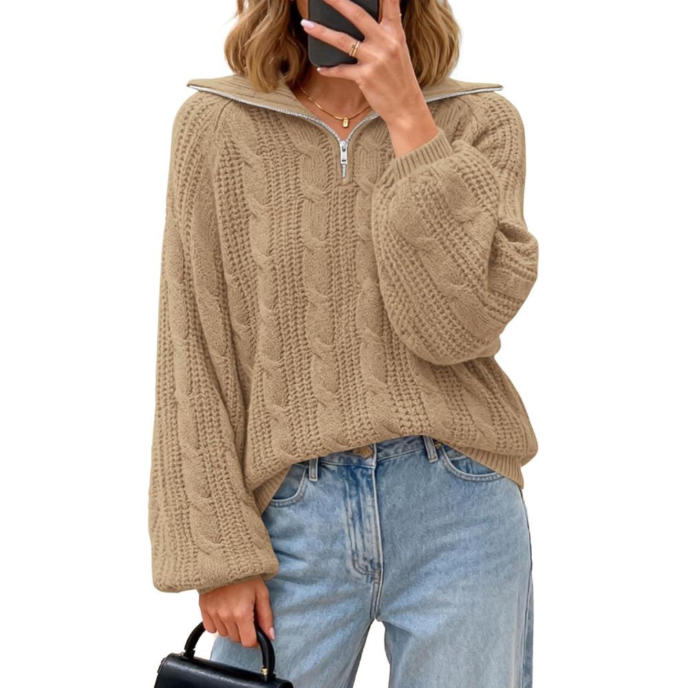 imageBTFBM Sweaters for Women Fall Fashion 2025 Loose Quarter Zip Pullover Collared Long Sleeve Cable Knit Winter ClothesKhaki