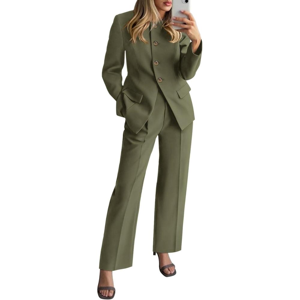imageBTFBM Two Piece Set for Women Spring Fashion 2026 Business Casual Long Sleeve Blazer Jackets Wide Leg Pant Suits PocketsArmy Green