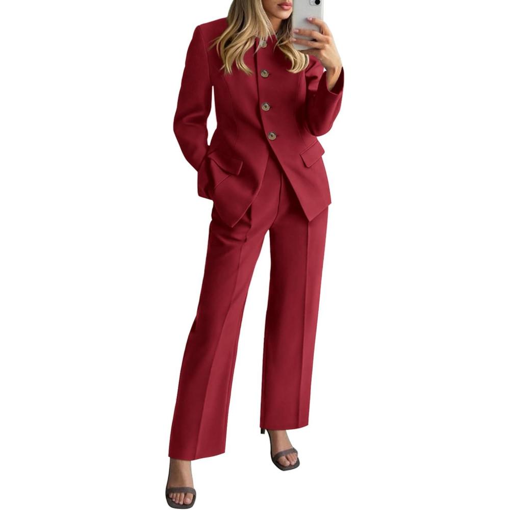 imageBTFBM Two Piece Set for Women Spring Fashion 2026 Business Casual Long Sleeve Blazer Jackets Wide Leg Pant Suits PocketsRed