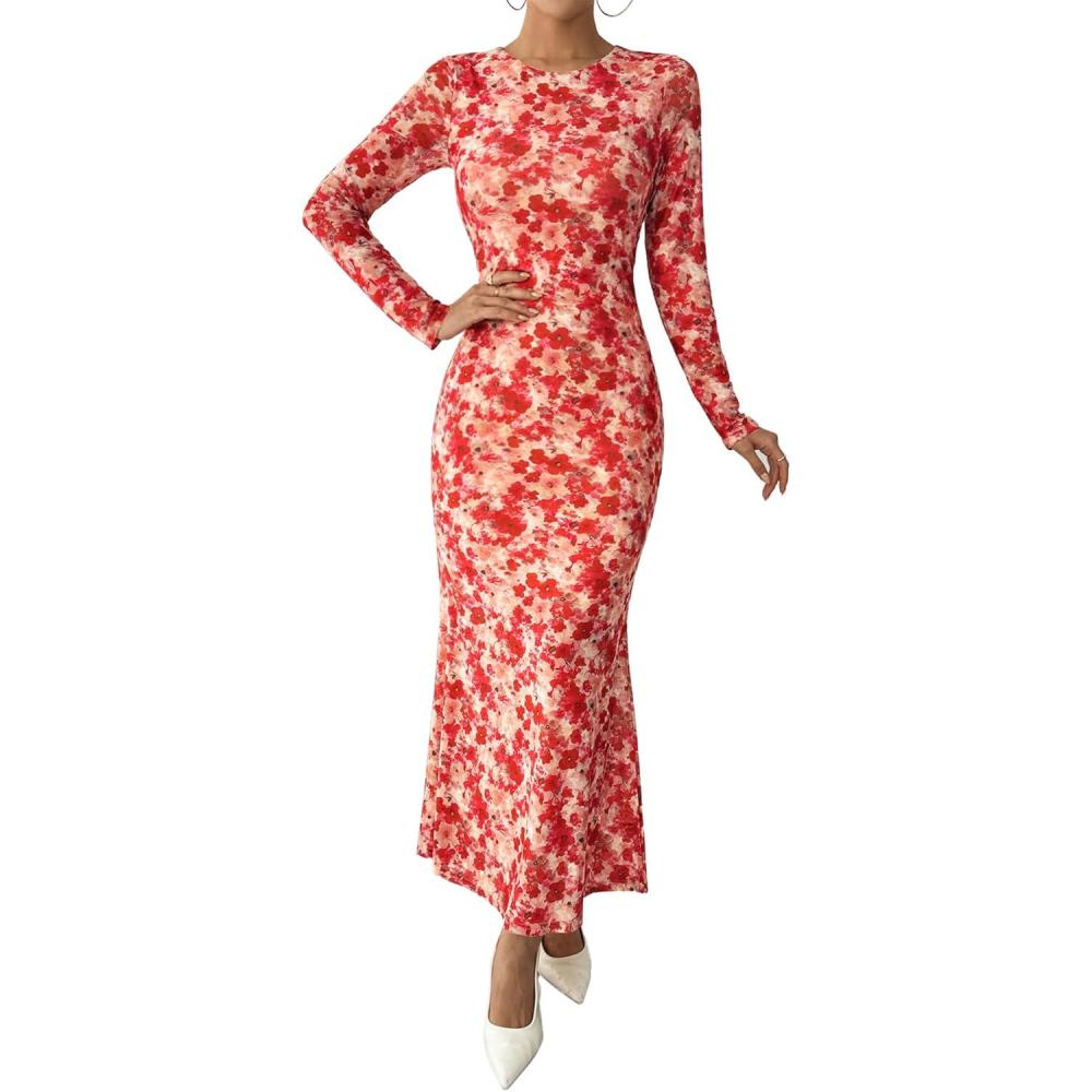 imageBTFBM Wedding Guest Dresses for Women Spring Fashion 2026 Bodycon Crew Neck Long Sleeve Boho Mesh Floral Maxi Fall DressApricot Red Flower