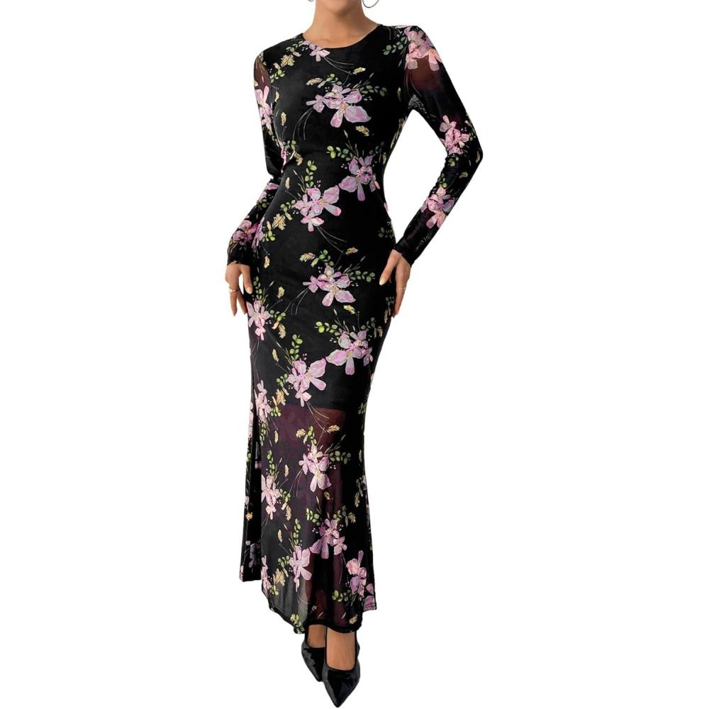 imageBTFBM Wedding Guest Dresses for Women Spring Fashion 2026 Bodycon Crew Neck Long Sleeve Boho Mesh Floral Maxi Fall DressBlack Pink