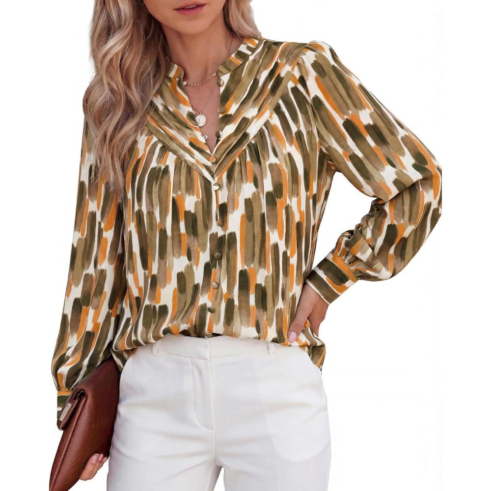 imageBTFBM Womens Tops Dressy Casual Spring 2026 Boho Floral V Neck Long Sleeve Half Button Down Shirt Work Business BlousesStripe Army Green