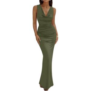 BTFBM Cocktail Dresses for Women Spring 2026 Cowl Neck Sleeveless Ruched Slim Fit Maxi Summer Formal Wedding Guest Dress(Army Green)