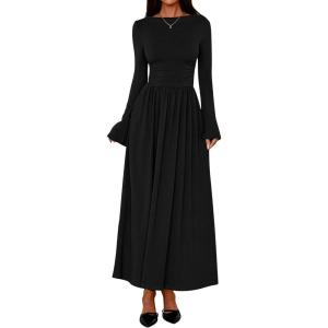 BTFBM Long Sleeve Maxi Dresses for Women 2025 Fall Casual Ruched Boat Neck Flowy Elegant Formal Wedding Guest Dress(Black)