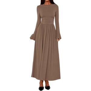 BTFBM Long Sleeve Maxi Dresses for Women 2025 Fall Casual Ruched Boat Neck Flowy Elegant Formal Wedding Guest Dress(Khaki)
