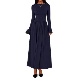 BTFBM Long Sleeve Maxi Dresses for Women 2025 Fall Casual Ruched Boat Neck Flowy Elegant Formal Wedding Guest Dress(Navy Blue)