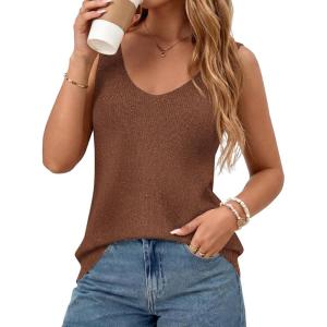 BTFBM Sweater Vest Women 2026 Spring Summer Sleeveless V Neck Sparkle Knit Basic Loose Fit Tank Tops Vacation Outfits(Brown)
