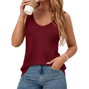BTFBM Sweater Vest Women 2026 Spring Summer Sleeveless V Neck Sparkle Knit Basic Loose Fit Tank Tops Vacation Outfits(Burgundy)