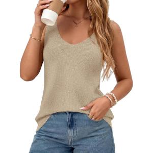BTFBM Sweater Vest Women 2026 Spring Summer Sleeveless V Neck Sparkle Knit Basic Loose Fit Tank Tops Vacation Outfits(Light Khaki)