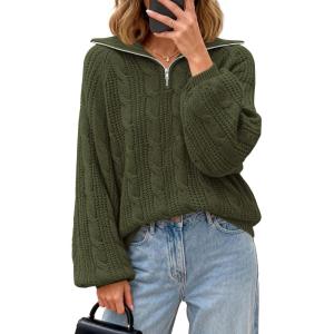 BTFBM Sweaters for Women Fall Fashion 2025 Loose Quarter Zip Pullover Collared Long Sleeve Cable Knit Winter Clothes(Army Green)