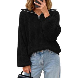 BTFBM Sweaters for Women Fall Fashion 2025 Loose Quarter Zip Pullover Collared Long Sleeve Cable Knit Winter Clothes(Black)