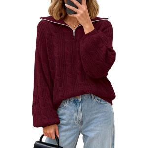 BTFBM Sweaters for Women Fall Fashion 2025 Loose Quarter Zip Pullover Collared Long Sleeve Cable Knit Winter Clothes(Burgundy)
