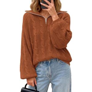 BTFBM Sweaters for Women Fall Fashion 2025 Loose Quarter Zip Pullover Collared Long Sleeve Cable Knit Winter Clothes(Caramel)