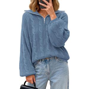 BTFBM Sweaters for Women Fall Fashion 2025 Loose Quarter Zip Pullover Collared Long Sleeve Cable Knit Winter Clothes(Grey Blue)