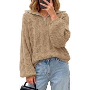 BTFBM Sweaters for Women Fall Fashion 2025 Loose Quarter Zip Pullover Collared Long Sleeve Cable Knit Winter Clothes(Khaki)