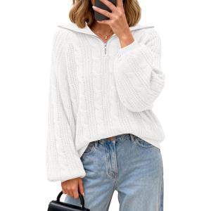 BTFBM Sweaters for Women Fall Fashion 2025 Loose Quarter Zip Pullover Collared Long Sleeve Cable Knit Winter Clothes(White)