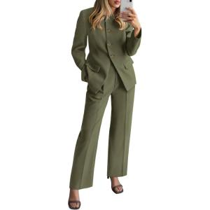BTFBM Two Piece Set for Women Spring Fashion 2026 Business Casual Long Sleeve Blazer Jackets Wide Leg Pant Suits Pockets(Army Green)