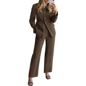 BTFBM Two Piece Set for Women Spring Fashion 2026 Business Casual Long Sleeve Blazer Jackets Wide Leg Pant Suits Pockets(Brown)