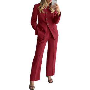 BTFBM Two Piece Set for Women Spring Fashion 2026 Business Casual Long Sleeve Blazer Jackets Wide Leg Pant Suits Pockets(Red)